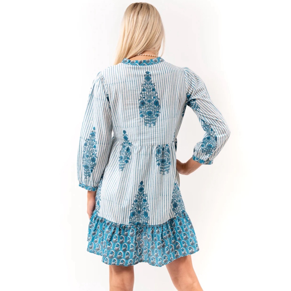 Liza Byrd Cotton Hand Block Print Louisa Dress In Teal NWT - Picture 3 of 3